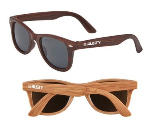 A pair of sunglasses with wooden framesDescription automatically generated